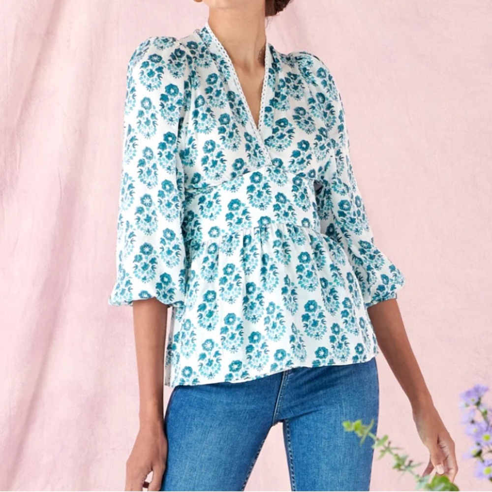 Neve & Noor London Sadie Wrap Top in Aqua Pearl Floral Blue Women's Top‎ XXS